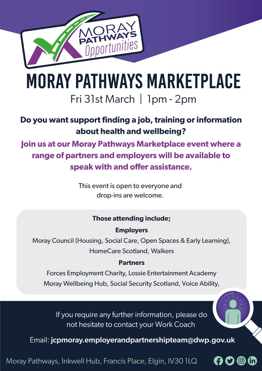 Moray Pathways (@moraypathways) on Twitter photo Moray Pathways Marketplace
Joint us at this Moray Pathways Marketplace event
<a href="/TheInkwellMoray/">The Inkwell Moray</a>
, where a range of partners and employers will be available to speak with and offer assistance.
<a href="/JCPinScotland/">JCP in Scotland</a>
#JobsinMoray #moray #moraypathways #opportunities Moray Pathways Marketplace
Joint us at this Moray Pathways Marketplace event
<a href="/TheInkwellMoray/">The Inkwell Moray</a>
, where a range of partners and employers will be available to speak with and offer assistance.
<a href="/JCPinScotland/">JCP in Scotland</a>
#JobsinMoray #moray #moraypathways #opportunities
