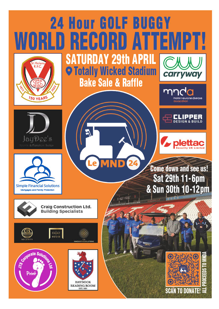 LeMND24's tweet photo. Come down and see us 29-30th April for 24hr Golf Buggy WR Attempt !

There'll be cakes, a raffle, a DJ and some fat blokes whizzing round on a golf buggy in aid of MND 💙🧡

What more could you possibly ask for?! 🧡💙 https://t.co/mJEsZdONu5
