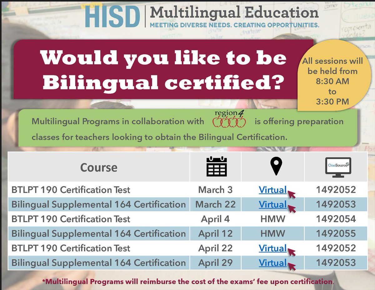 🫵🫵Do you want to be a Bilingual Certified teacher❓Register for tomorrow's Prep Class with Region IV. 🏃‍♀️Don't miss this chance‼️ @HISDMultiPrgms @TeamHISD