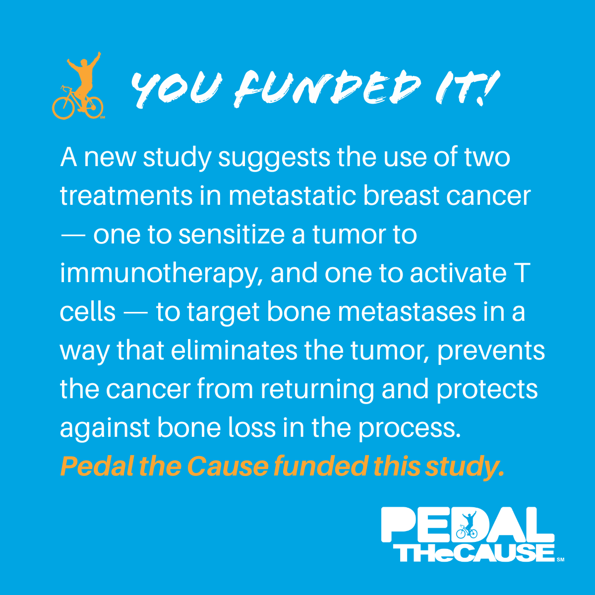 pedalthecause's tweet photo. ✨You funded it!✨ A new study suggests the use of two treatments in metastatic breast cancer to target bone metastases in a way that eliminates the tumor, prevents the cancer from returning, &amp; fights bone loss in the process.

Read the full story here: https://t.co/TD3DczZcBs https://t.co/TpM9llhC6s