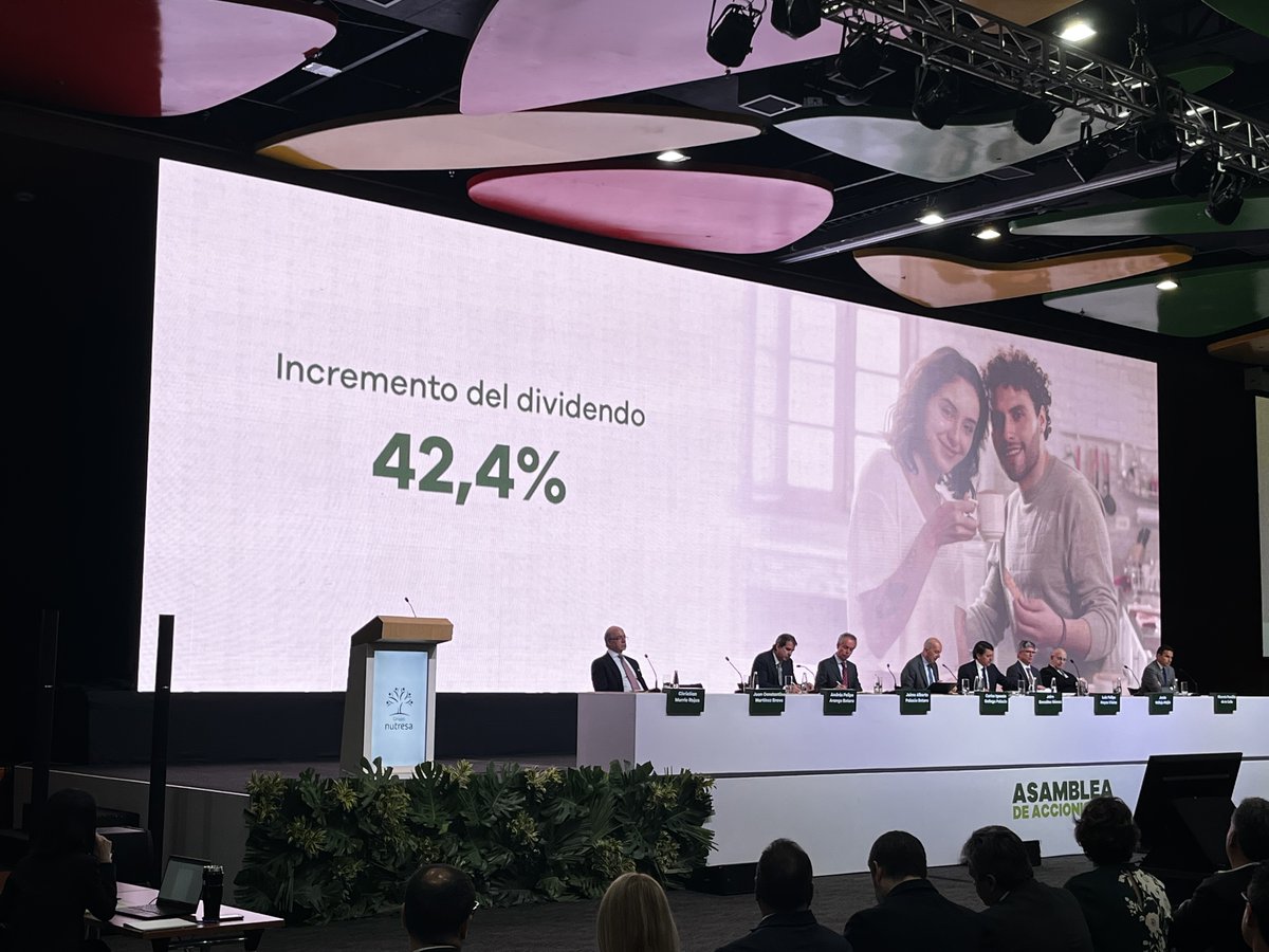 Asamblea aprueba proyecto de distribución de utilidades. Los dividendos aprobados representan un incremento del 42,4% frente al dividendo por acción vigente de COP 79,00 mensuales, y, que equivalen a COP 948,00 anuales.