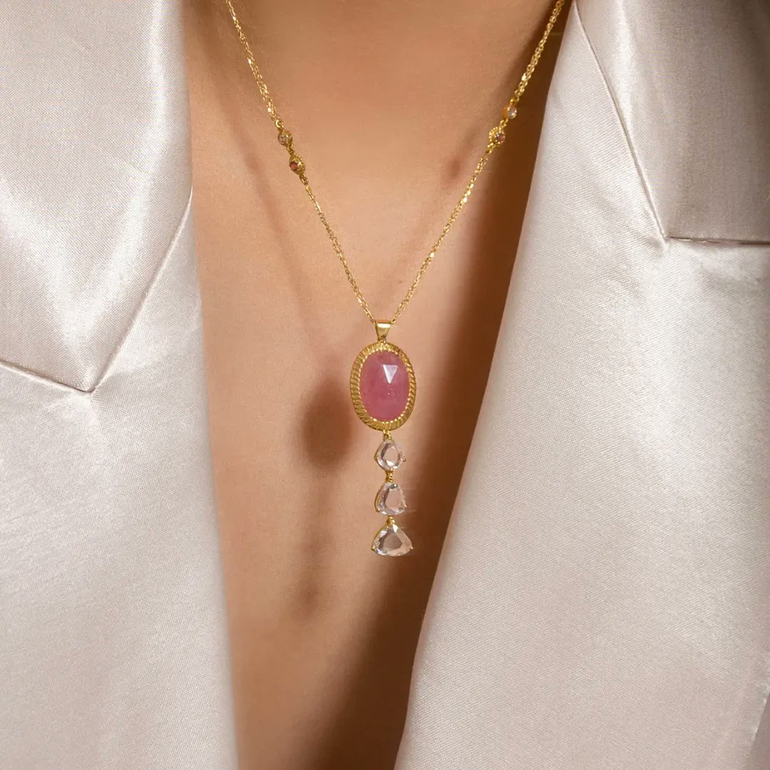 Meet Hania Kuzbari's new forever-fine item, the Pink Sapphire Necklace. This wearable object of art is expertly handcrafted with 18k gold, a bold pink sapphire, white sapphire drops and a diamond chain. buff.ly/3JSjDap 

#jewelry #necklaces #handcrafted