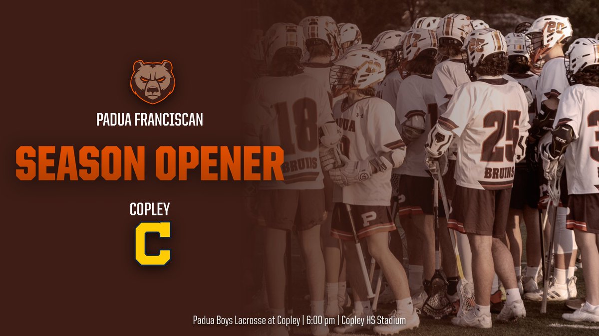 Padua Athletics (@paduaathletics) on Twitter photo It's GAMEDAY for <a href="/PaduaBruinsBLAX/">Padua Boys Lacrosse</a> as they travel to Copley for the season opener! Game time is scheduled for 6:00 pm!
📍Copley HS Stadium
⏰6:00pm
🎟️copleyathletics.org/event-tickets
📺copleyathletics.org/live-stream-at…
🐻#GoBruins
🥍#PlayLoud It's GAMEDAY for <a href="/PaduaBruinsBLAX/">Padua Boys Lacrosse</a> as they travel to Copley for the season opener! Game time is scheduled for 6:00 pm!
📍Copley HS Stadium
⏰6:00pm
🎟️copleyathletics.org/event-tickets
📺copleyathletics.org/live-stream-at…
🐻#GoBruins
🥍#PlayLoud