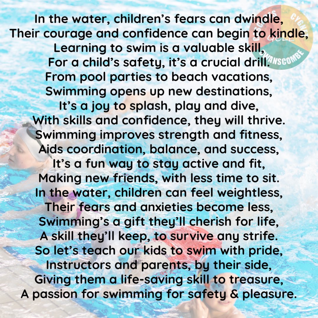 It’s world poetry day today so here is a poem about the benefits of swimming lessons for children!

gcll.co.uk/new-swimming-l…

#WorldPoetryDay #SwimmingLessons #BenefitsOfSwimming #TheJoyOfSwimming #GCLL #LearnToSwim #LoveToSwim #WaterSafety #WaterConfidence #Poem #Poetry