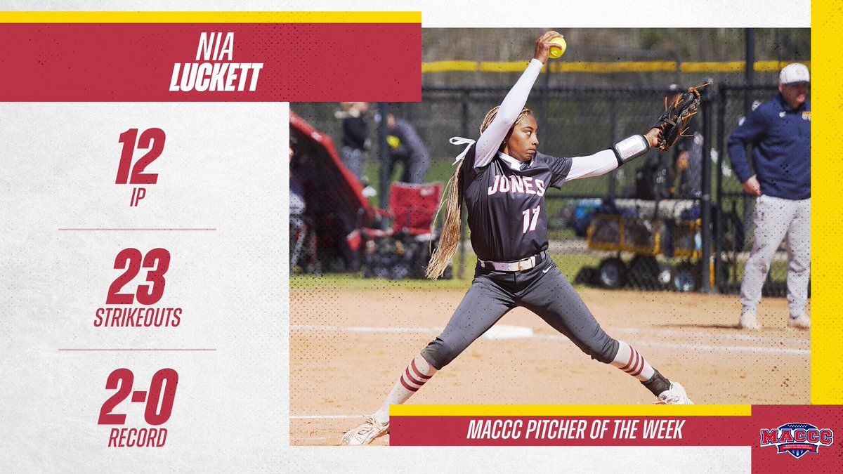 For a 𝐬𝐞𝐯𝐞𝐧𝐭𝐡 time in her career, Nia Luckett has been selected the MACCC Pitcher of the Week. She went over 400 strikeouts at Jones and picked up her 40th career win last week.