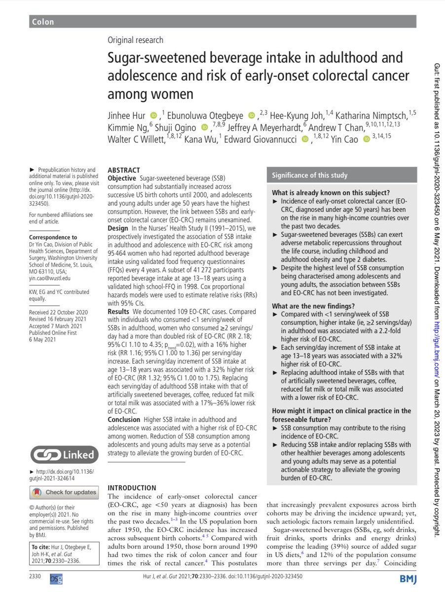 IlindelatorreMD's tweet photo. Las mujeres que beben más de dos bebidas azucaradas por día tienen más del doble de riesgo de cáncer colorrectal de aparición temprana, en comparación con las mujeres que beben menos de una bebida. 

BMJ

https://t.co/JH25Wj1wYc https://t.co/oYZjwyhIjq