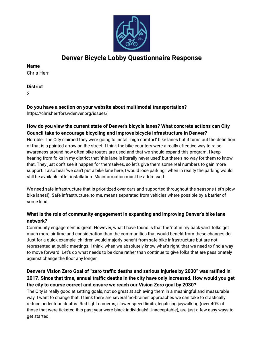 We are sharing answers from all the Mayoral and City Council candidates that completed our questionnaire in alphabetical order.  Here is City Council District 2 Candidate <a href="/ChrisHerr4SWDen/">Chris Herr</a> 

Full response here:
drive.google.com/file/d/1ujvLB_…