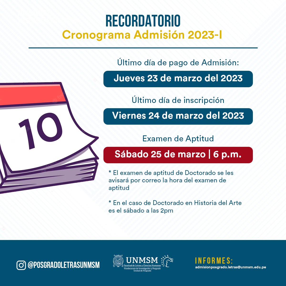 PGLetras_UNMSM's tweet photo. #PosgradodeLetrasUNMSM | 📢IMPORTANTE
Recuerda tener bien claro las fechas limites para el proceso de Admisión 2023-I. https://t.co/l7ux8nAlys