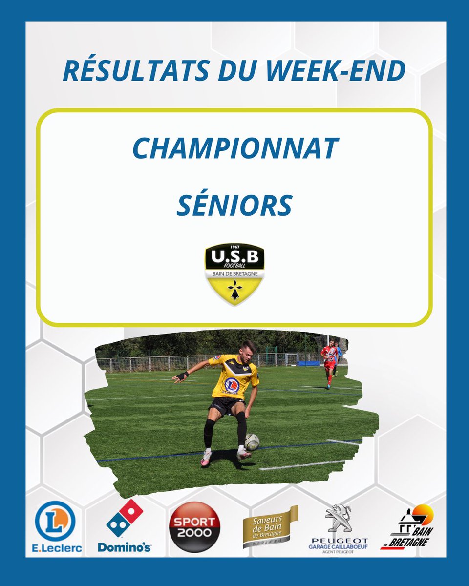 usbainfoot's tweet photo. [RESULTATS] Seniors 👊

📅 Samedi 18 mars 2023 

🏆 Seniors C - District 3

❌ FC Bruz 4 4-1 US Bain 3 

📅 Dimanche 19 mars 2023 

🏆 Seniors A - District 1

✅ US Bain 1-0 Réveil Loheac 

🏆 Seniors B - District 2 

✅ JA Pipriac 2 0-2 US Bain 2

#allezusb 🟡⚫️💪 https://t.co/LYJOOTVDB3