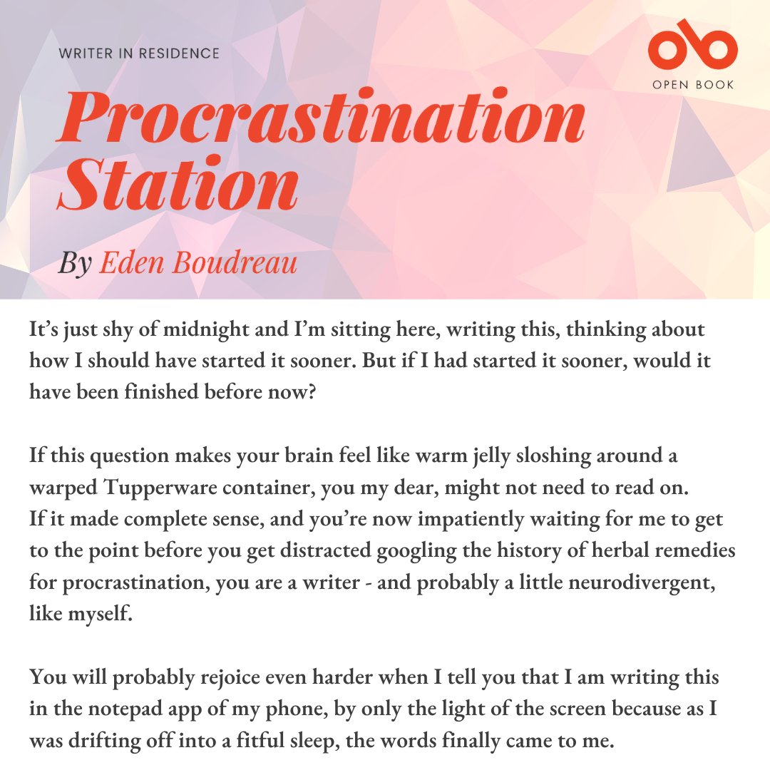 edenboudreau's tweet image. A few days ago, I wrote about writers and procrastination for @openbookontario and true to nature, completely forgot to post about it 🤪

Check out the link below to give it a read! 

open-book.ca/Writer-in-Resi…

#writingadvice  #writingtips #writingsupport #procrastination