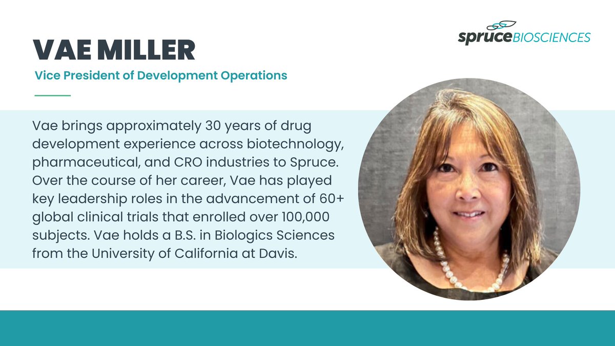 Spruce_Bio's tweet image. We are continuing our #ExecutiveSpotlight series with Vae Miller, VP of Development Operations. She brings 30 years of drug development experience, making her a valuable member of the Spruce team. Thank you, Vae, for moving our company mission forward!