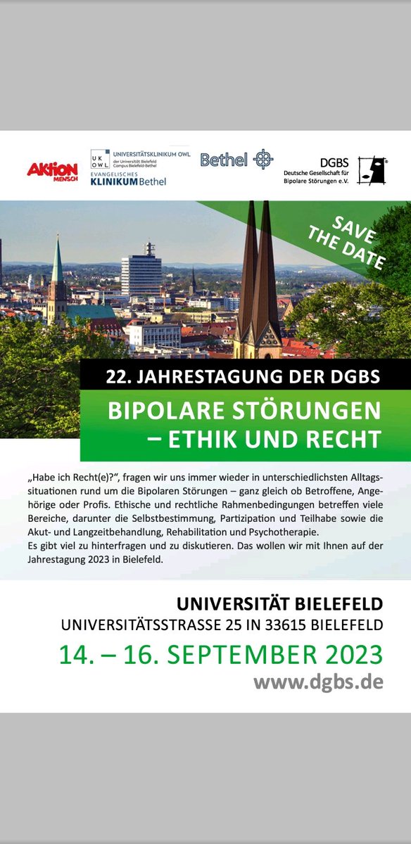 Sehen wir uns nicht in dieser Welt, sehen wir uns in #Bielefeld?! Ich werde da sein.

<a href="/unibielefeld/">Bielefeld University</a> <a href="/Bethel_Aktuell/">Bethel Aktuell</a> <a href="/BProfis/">Betroffene Profis@dgbs</a>

#bipolar