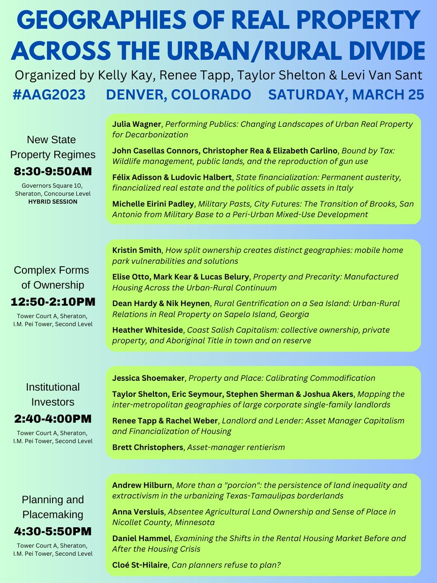 Taylor Shelton (@kyjts) on Twitter photo For all those in Denver for #AAG2023, we hope you'll join us on Saturday for this set of four amazing sessions exploring the multiple geographies of real property across both urban and rural spaces, co-organized by myself, Kelly Kay, @renee_tapp and <a href="/LeviVanSant/">Levi Van Sant</a>! For all those in Denver for #AAG2023, we hope you'll join us on Saturday for this set of four amazing sessions exploring the multiple geographies of real property across both urban and rural spaces, co-organized by myself, Kelly Kay, @renee_tapp and <a href="/LeviVanSant/">Levi Van Sant</a>!