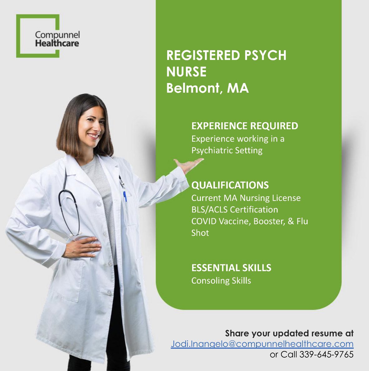 Registered Psych Nurse Position Available* in Belmont, MA ⚕️ 

*Contract Job

Mon - Fri & Every Other Weekend 11pm - 7 am

Contact Jodi Inangelo at 339-645-9765 or Jodi.inangelo@compunnelhealthcare.com

#rn #registerednurse #rnjobs #rncareers #registerednursejobs #nursingjobs