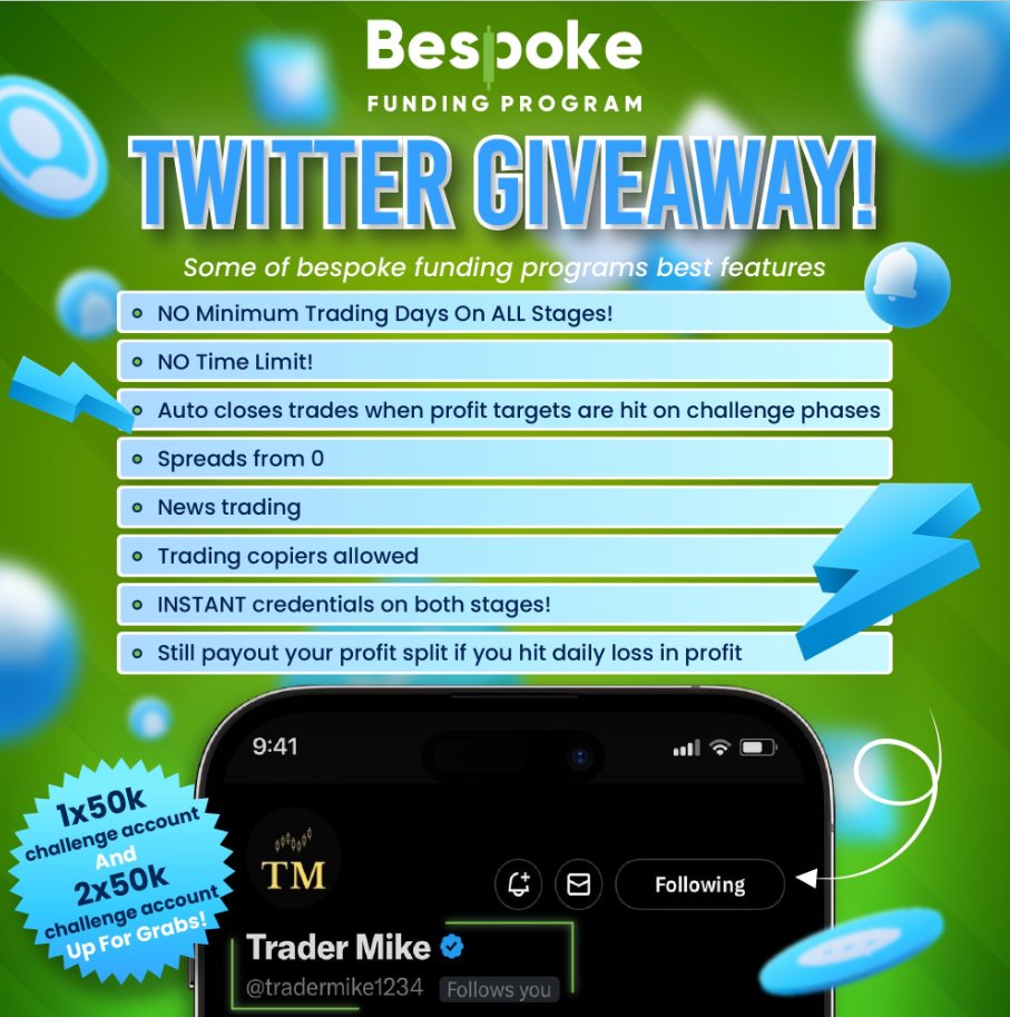 I've officially partnered with a great firm👀

Bespoke Funding Program Prop Firm Account Giveaway!! 🎉 

They are giving away THREE accounts👀

50k 
25k 
25k 

Follow 👇
<a href="/tradermike1234/">Trader Mike</a>
 
Follow 👇
@Bespoke_Funding

Like, retweet and tag your favorite traders. 😃

Good luck!