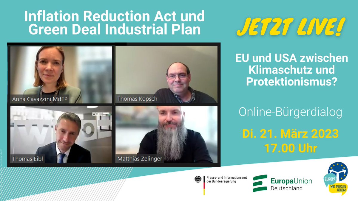 EUD_Dialog's tweet photo. 🤩Jetzt noch dazuschalten! Online-Bürgerdialog mit @anna_cavazzini, @Th_Eibl und @MFZelinger über den amerikanischen Inflation Reduction Act und den europäischen Green Deal Industrial Plan.
👉 Zugangsdaten: https://t.co/7RMLQCI5bb https://t.co/nhRHXVLSQO