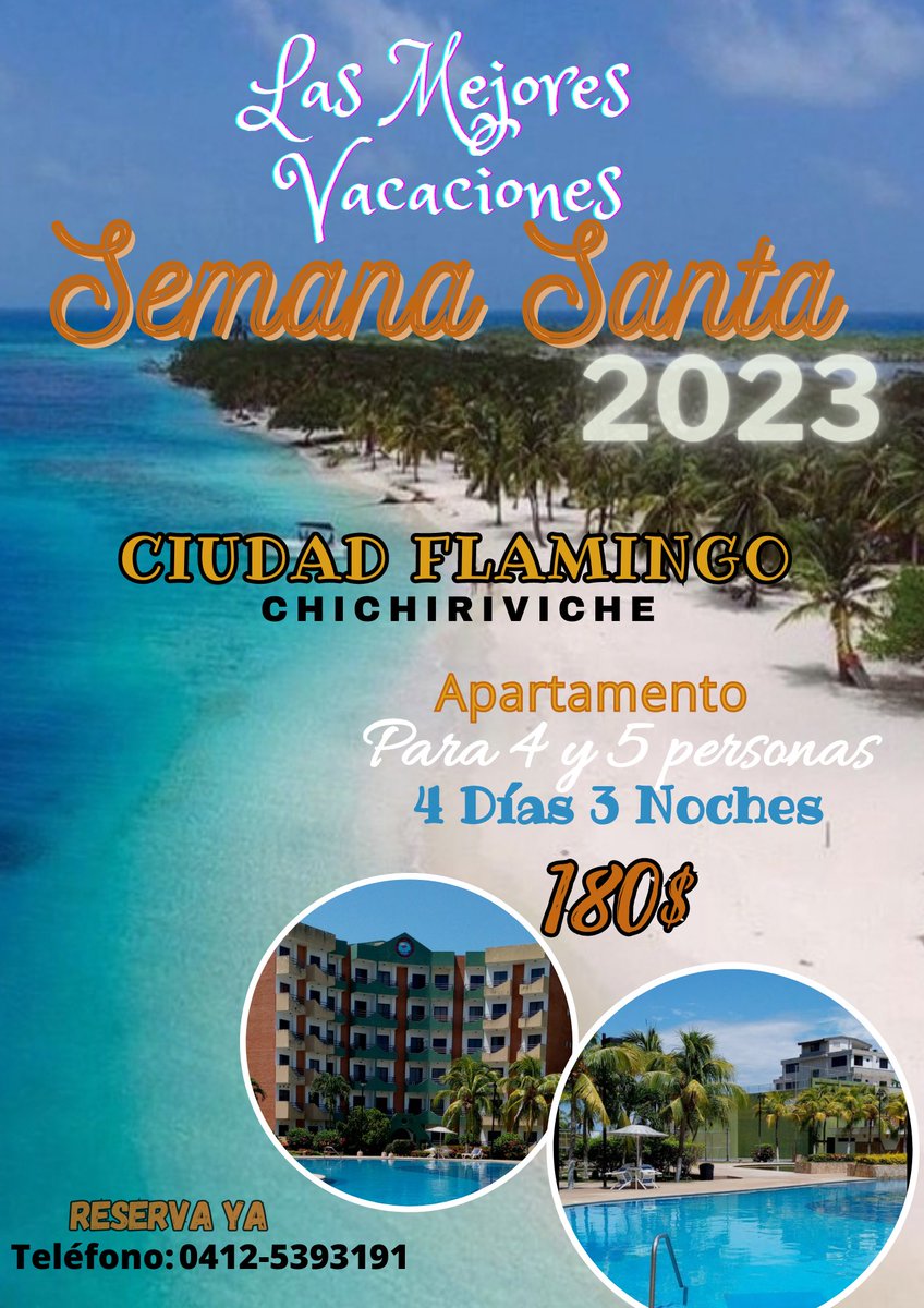 JuliaRiera27's tweet photo. Visita Ciudad Flamingo - Chichiriviche!🏘️
El Mejor lugar para pasar tus vacaciones!🏖️
🔵Disfruta de un  buen ambiente 
🔵La mejor atención

#vacaciones
#Playas
#Hospedaje
#Chichiriviche
#CiudadFlamingo
#Alquileres
#Barquisimeto
#Caracas
#Maracay
#Valencia
#Acarigua https://t.co/RmMb9SNH76