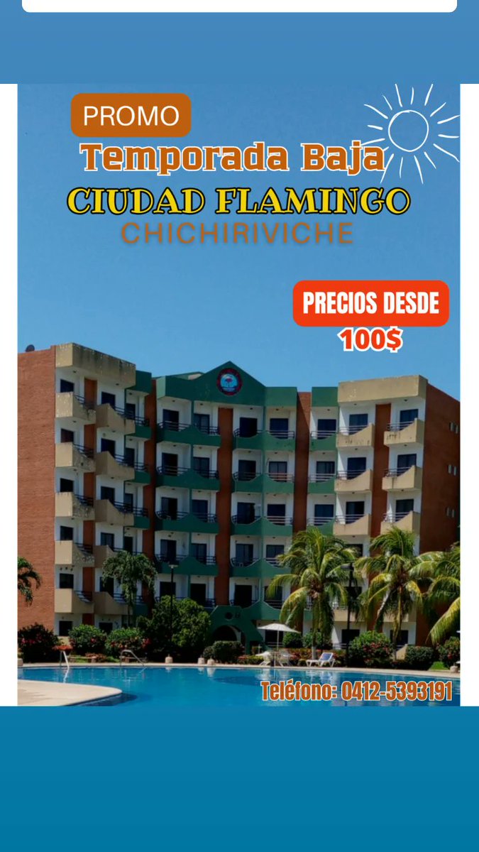 JuliaRiera27's tweet photo. Visita Ciudad Flamingo - Chichiriviche!🏘️
El Mejor lugar para pasar tus vacaciones!🏖️
🔵Disfruta de un  buen ambiente 
🔵La mejor atención

#vacaciones
#Playas
#Hospedaje
#Chichiriviche
#CiudadFlamingo
#Alquileres
#Barquisimeto
#Caracas
#Maracay
#Valencia
#Acarigua https://t.co/RmMb9SNH76