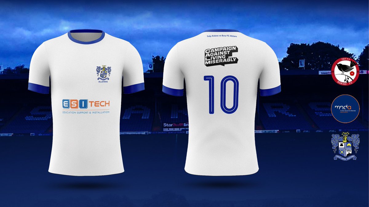 Pleased to announce the <a href="/buryfcofficial/">Bury Football Club</a> Allstars kit sponsors. 

Front: esi-tech.co.uk
A local Bury business who specialise in education and business IT support. 

Back: <a href="/theCALMzone/">CALM</a> 
Purchased by #BuryFC fan Jason Rakha, on behalf of the charity to raise awareness.