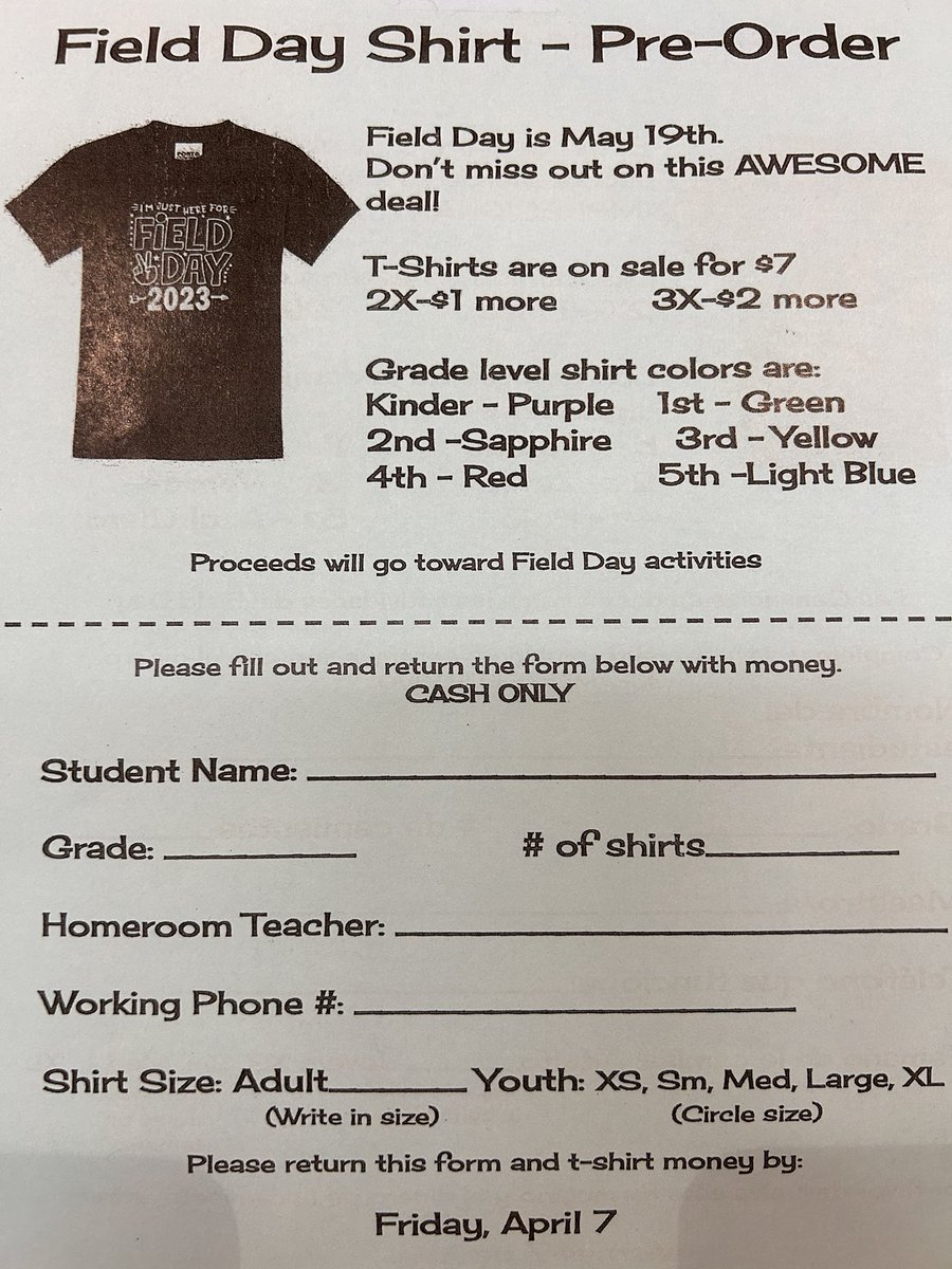Field Day is approaching! Get your shirts now.
