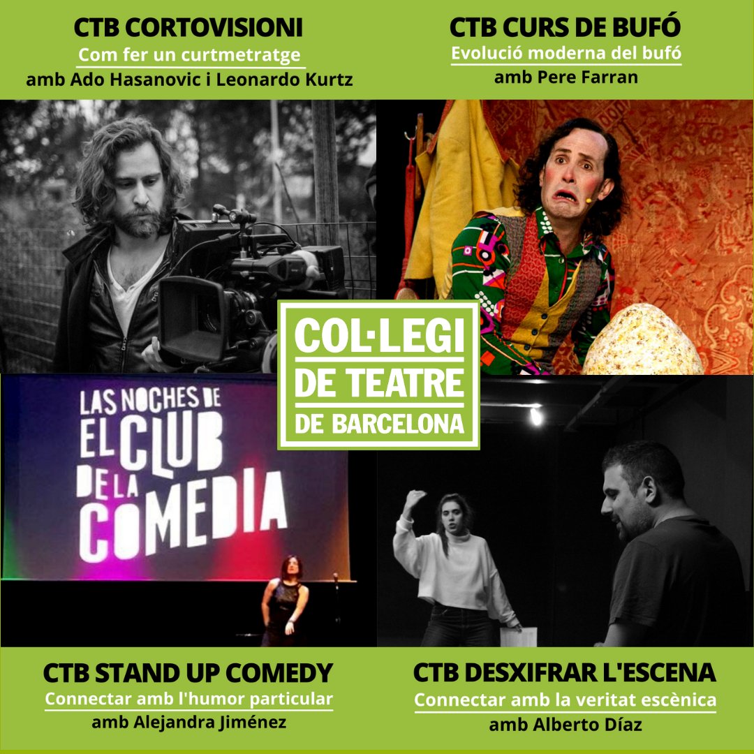Col•legi de Teatre de Barcelona - CTB (@coleteatrebcn) on Twitter photo Coneix tots els cursos que oferim al CTB!🎭
1️⃣ CORTOVISIONI amb Ado Hasanovic i Leonardo Kurtz
2️⃣ CURS DE BUFÓ amb Pere Farran
3️⃣ STAND UP COMMEDY amb Alejandra Jiménez
4️⃣ DESXIFRAR L'ESCENA amb Alberto Díaz
📩 secre@coleteatre.com
📱651 854 489
☎️ 93 423 97 37
#ctb #cursos Coneix tots els cursos que oferim al CTB!🎭
1️⃣ CORTOVISIONI amb Ado Hasanovic i Leonardo Kurtz
2️⃣ CURS DE BUFÓ amb Pere Farran
3️⃣ STAND UP COMMEDY amb Alejandra Jiménez
4️⃣ DESXIFRAR L'ESCENA amb Alberto Díaz
📩 secre@coleteatre.com
📱651 854 489
☎️ 93 423 97 37
#ctb #cursos