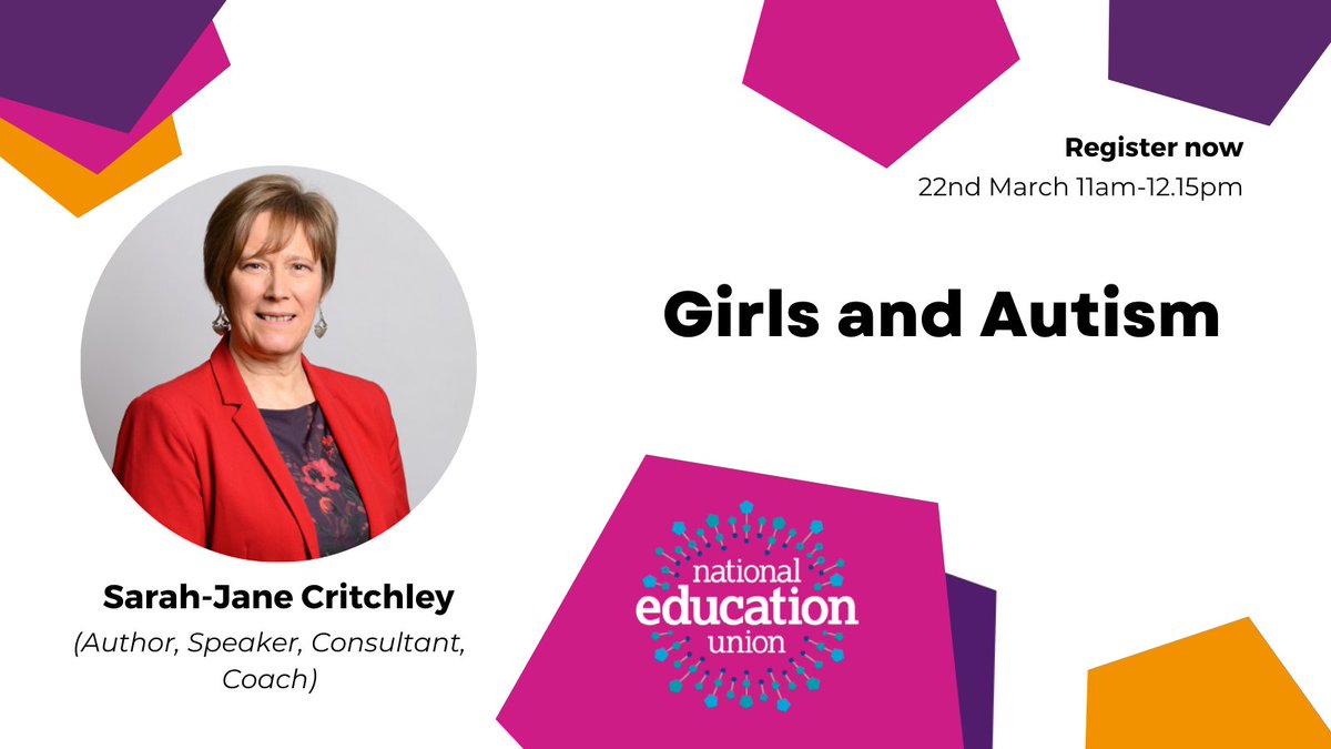 What are you doing tomorrow ❓

Why not join us and @SarahJaneCritch , we are here to help you understand the challenges for girls with autism and how to help them achieve their amazing potential 

#CPDatNEU #SaveOurSchools #SEND 
Spots still available 👉neu-org-uk.zoom.us/webinar/regist…