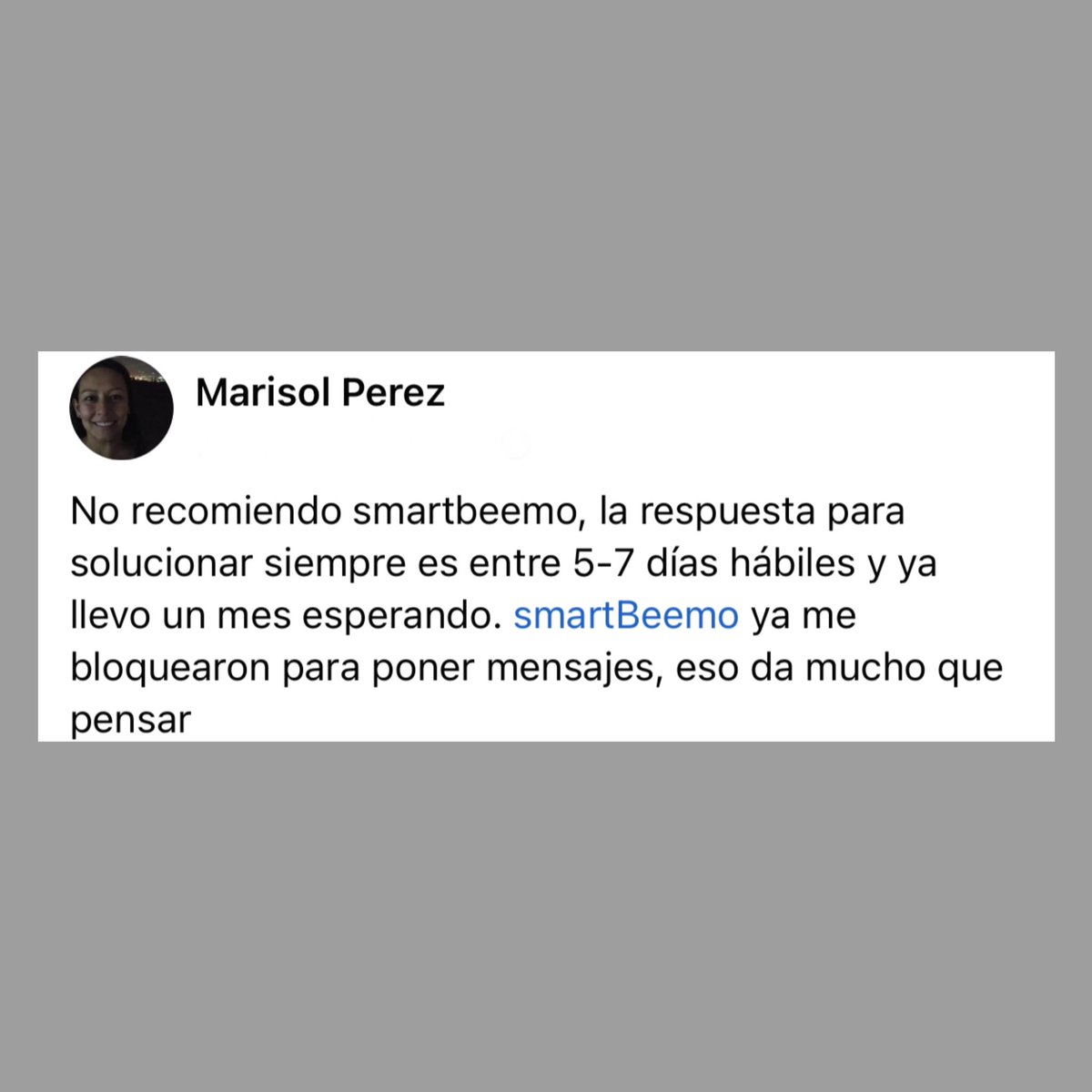 NoMasSmartbeemo's tweet photo. La eliminación de comentarios es una queja frecuente entre los usuarios de esta empresa. Parece que sus procesos de atención no son nada buenos. #Smartbeemo #AtenciónAlCliente.
Denuncia de Marisol en Facebook. https://t.co/GBHcEI1hUN