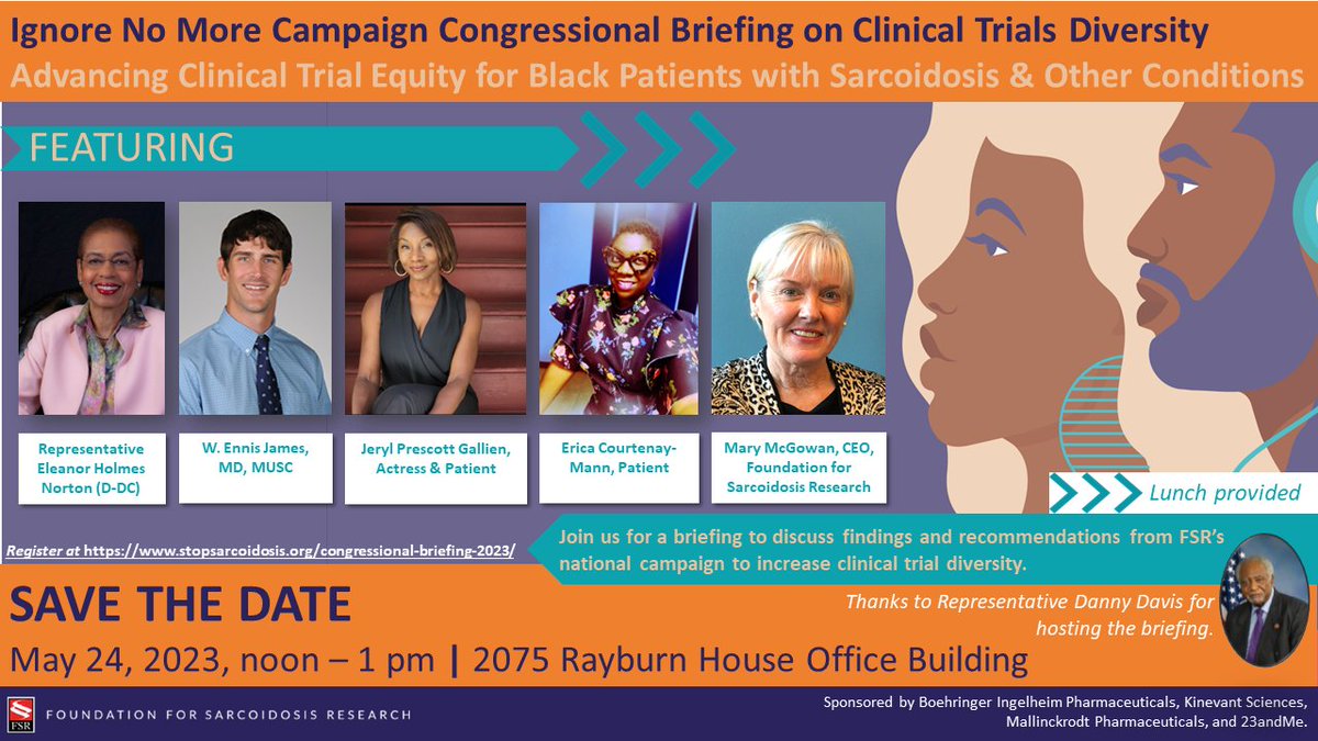 StopSarcoidosis's tweet photo. Join FSR for an in-person Congressional Briefing on Clinical Trials Diversity to be held in Washington, DC, on May 24, 2023. 

Learn more and register: https://t.co/ww2bqeJ7Db

#sarcoidosis #raredisease #DEI #sarcoidosisawareness #sarctwitter https://t.co/ahjM2Alz5J