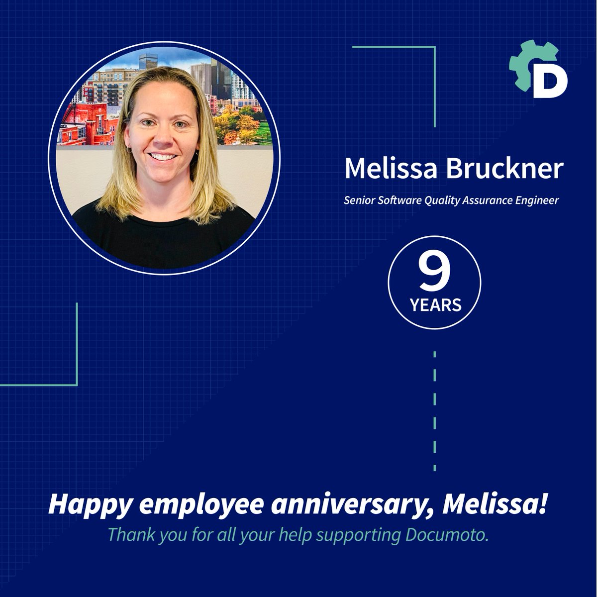 Please join us in congratulating  Melissa Bruckner for her nine-year anniversary with Documoto. 

Over the last nine years, Melissa has helped QA Documoto’s product, and we are so lucky to have her on the team! 

#employeeappreciation #kudos #thankyou