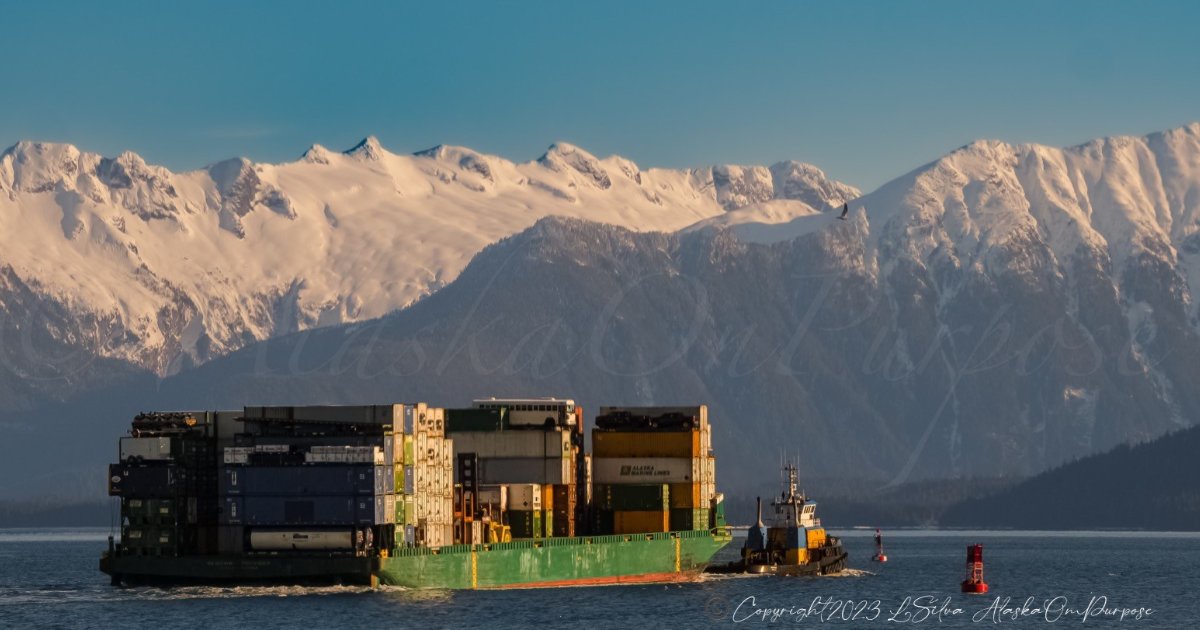 LyndenInc's tweet photo. Thank you to Luis on our team for capturing this beautiful shot of our barge in Petersburg, Alaska! 

#Alaska #Petersburg #barge #bargeservice #Lynden #transportation #shipping #logistics https://t.co/LOeXfSebPM