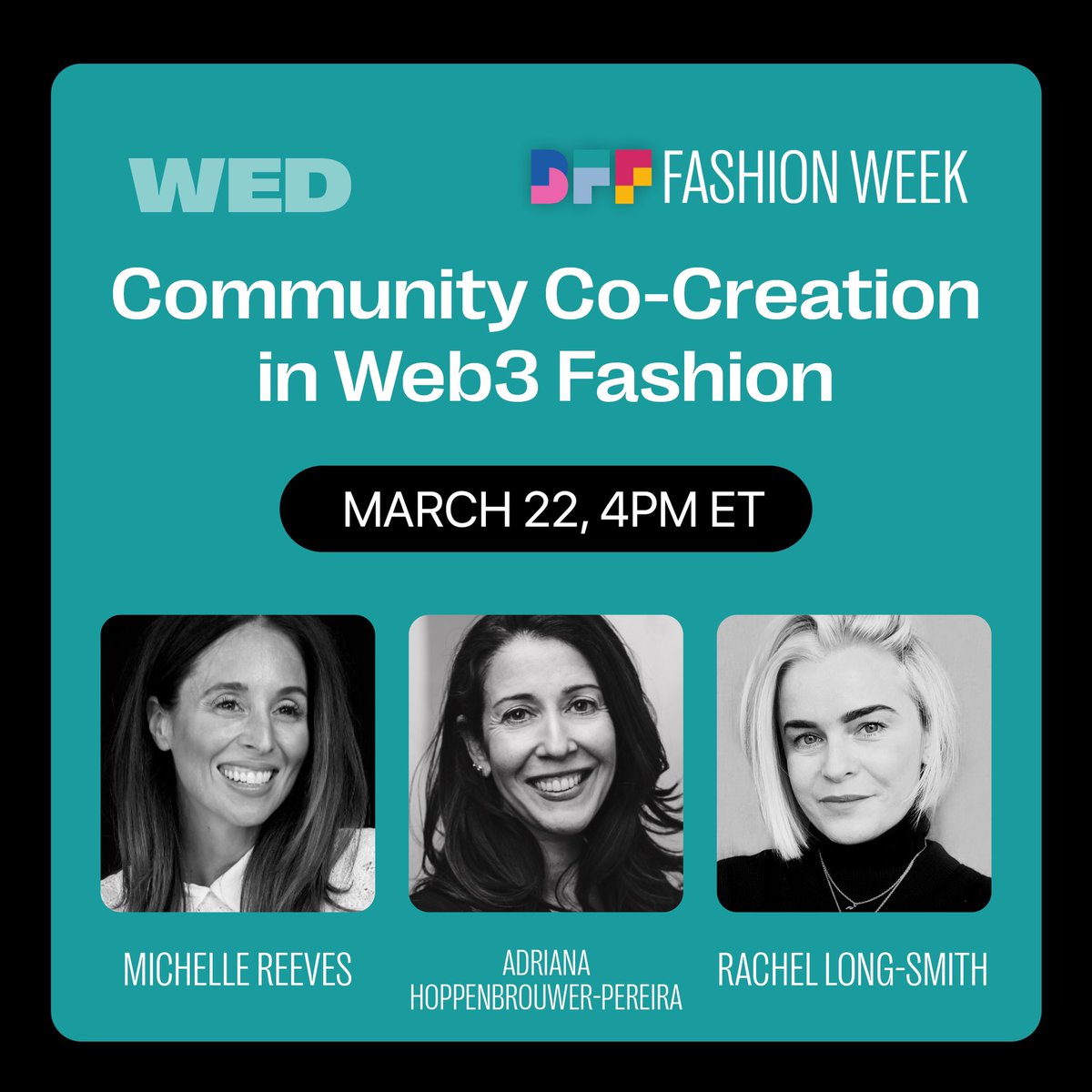 Set your reminder! Let’s talk The future of fashion. 

Our cofounder <a href="/Michellejreeves/">Michelle Reeves</a> is chatting with <a href="/MyBFF/">BFF 🌈</a> <a href="/AdrianaHoppenb1/">Adriana Pereira 🔮</a> <a href="/thefabricant/">The Fabricant</a> <a href="/TheEffektXYZ/">EFFEKT</a> 

x.com/i/spaces/1lPKq…