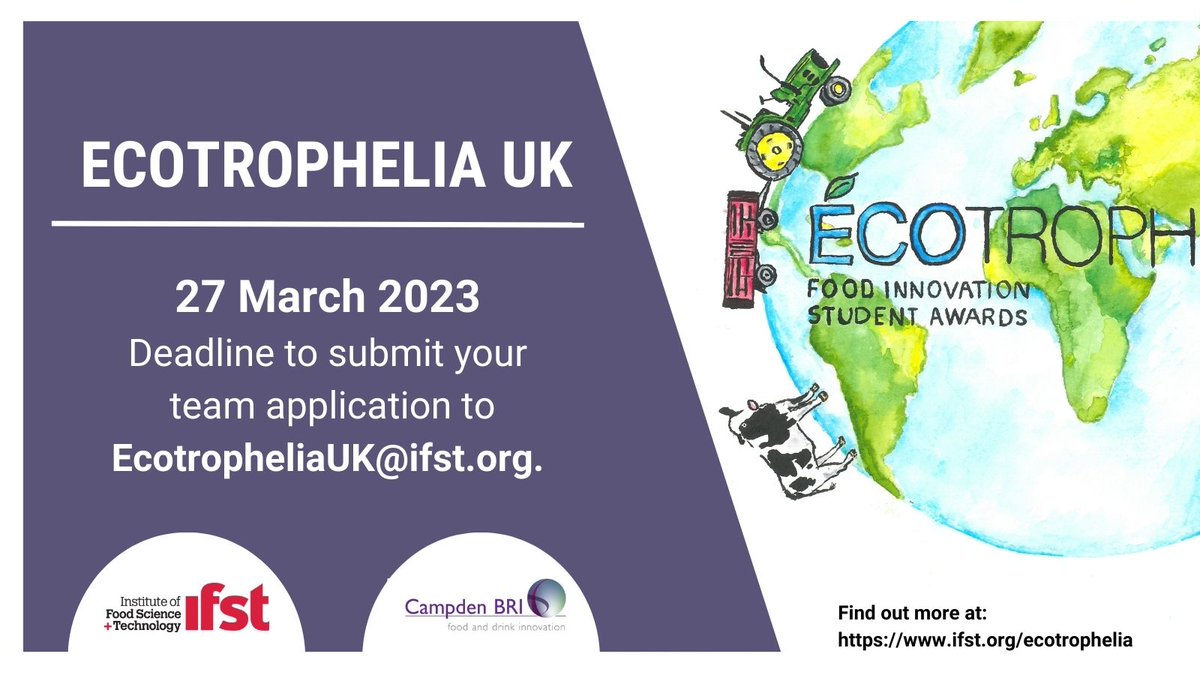 ifstnews's tweet image. To register, visit: bit.ly/3dbdTbm.

Calling all university students!

IFST &amp;amp; Campden Bri are pleased to host another ECOTROPHELIA UK. ECOTROPHELIA UK is the national competition for the creation of eco-innovative food products. To register, click on the link above.