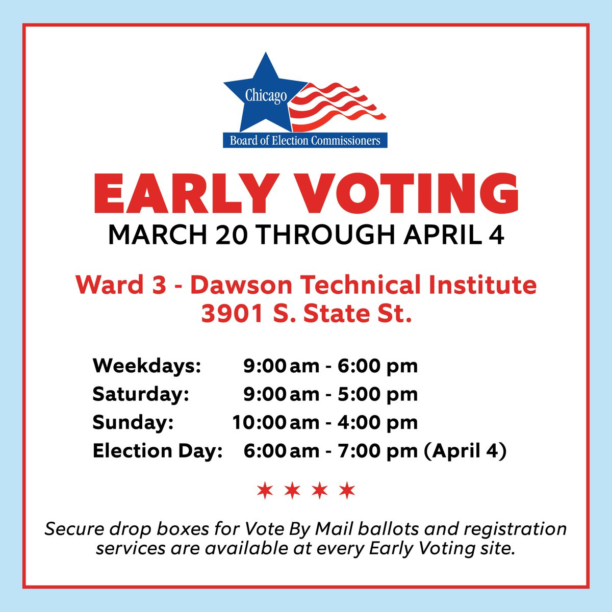 ChicagoElection's tweet photo. Early Voting is now open in all of Chicago's 50 Wards - any Chicago resident can vote at any site, no matter where they live in the city. Live in the 1st Ward and want to vote in the 50th? Go right ahead, choose whatever site is most convenient for you! https://t.co/GUkSC20zfK 🗳 https://t.co/VExzfzwWtl