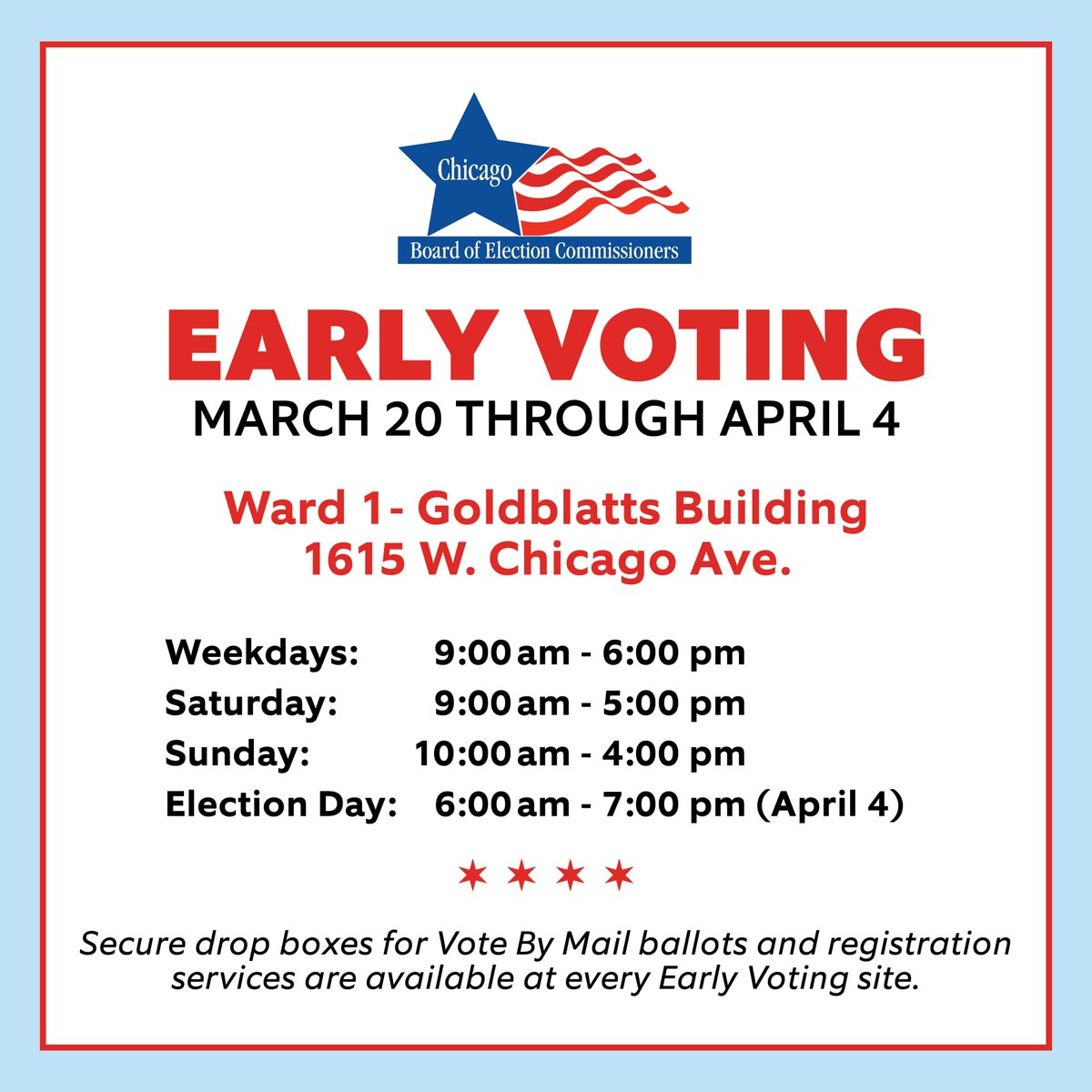 ChicagoElection's tweet photo. Early Voting is now open in all of Chicago's 50 Wards - any Chicago resident can vote at any site, no matter where they live in the city. Live in the 1st Ward and want to vote in the 50th? Go right ahead, choose whatever site is most convenient for you! https://t.co/GUkSC20zfK 🗳 https://t.co/VExzfzwWtl