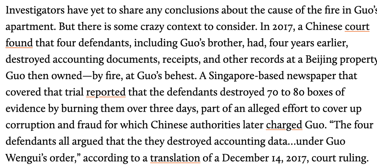 In 2017, a Chinese court found that Guo employees in  2013, in Beijing,  destroyed 70-80 boxes of financial records, by fire, on Guo's orders, to hide fraud. motherjones.com/politics/2023/…