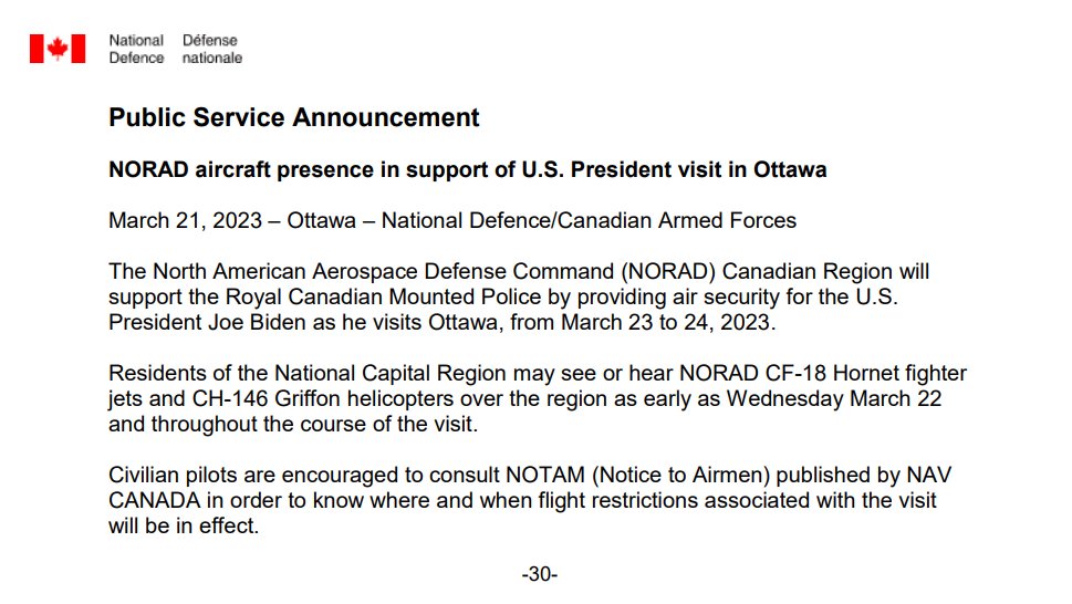 Public Service Announcement

NORAD aircraft presence in support of U.S. President visit in Ottawa

To view the original document : canada.ca/en/department-…