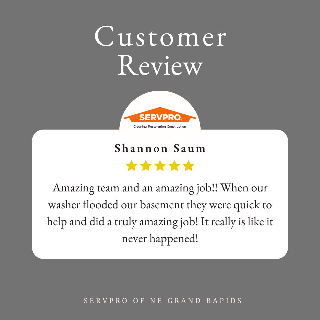We love hearing feedback from our customers! Thank you for taking time to share you experience!

#customerfeedback #customerreview #5stars #servpro #mitigation #teamwork #michigan #march #spring #tuesday #heretohelp