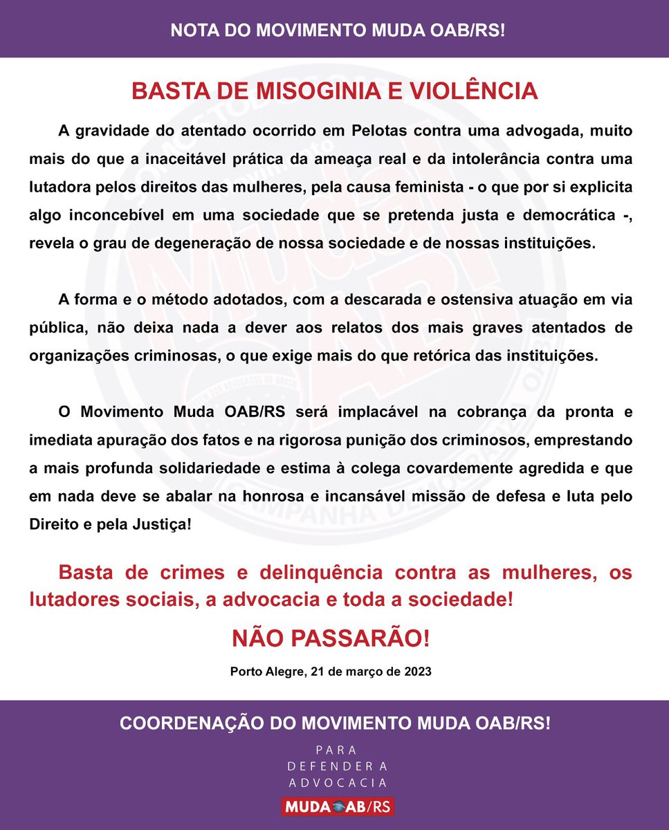 #PelaVidaDasMulheres 
#NemPenseEmMeMatar  
#ViolenciaContraMulher 
#Feminicidio   
#MudaOABRS