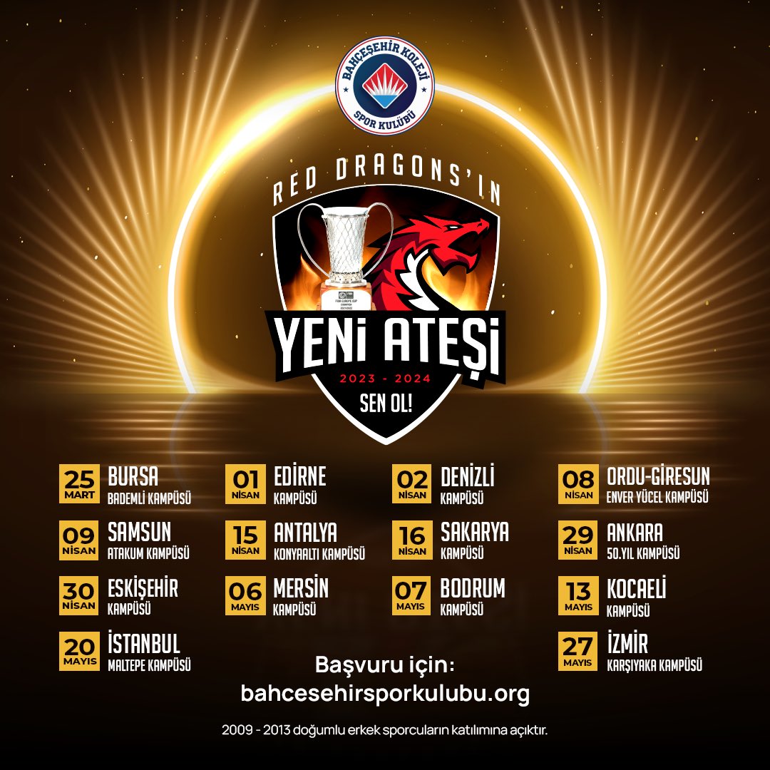 🔥 Red Dragons'ın yeni ateşi sen ol!

🙆‍♂️ 25 Mart’ta başlayacak ve 14 farklı şehirde düzenlenecek olan oyuncu taramalarımıza 2009, 2010, 2011, 2012 ve 2013 doğumlu erkek sporcuları bekliyoruz!

👉🏻 Başvuru için v2.bahcesehirsporkulubu.org/altyapi-basvur…

❤💙 #FlyHighTogether #RedDragonsınYeniAteşi