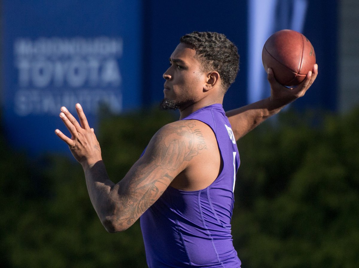 Todd Centeio wanted to use his back hip when he threw the ball at JMU's pro day, so he studied boxing videos on YouTube. And it worked. 'I feel like it showed a little more pop out of my hand.' On @toddycenteio: dnronline.com/sports/college…