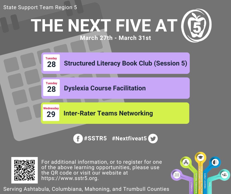 SSTRegion5's tweet photo. Spring 🌷is in the air! In the air 💨 for our #Nextfiveat5 is the Structured Literacy Book Club, Dyslexia Course Facilitation, &amp; the Inter-Rater Teams Networking.  Join us for those sessions next Tuesday and Wednesday. For more information, visit - https://t.co/Mk8pjjfsMs #SSTR5 https://t.co/BnMhYAOebw