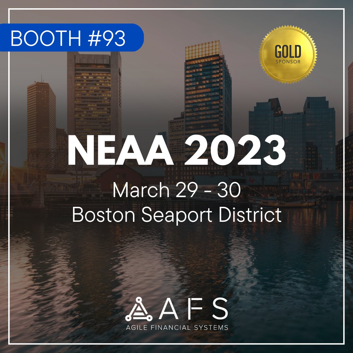 Come join us at #NEAA in Boston on March 29-30. AFS will be in booth #93, come chat with us! Can't wait to see you there!  

#NEAA2023 #AgileFinancialSystems #PaymentProcessing