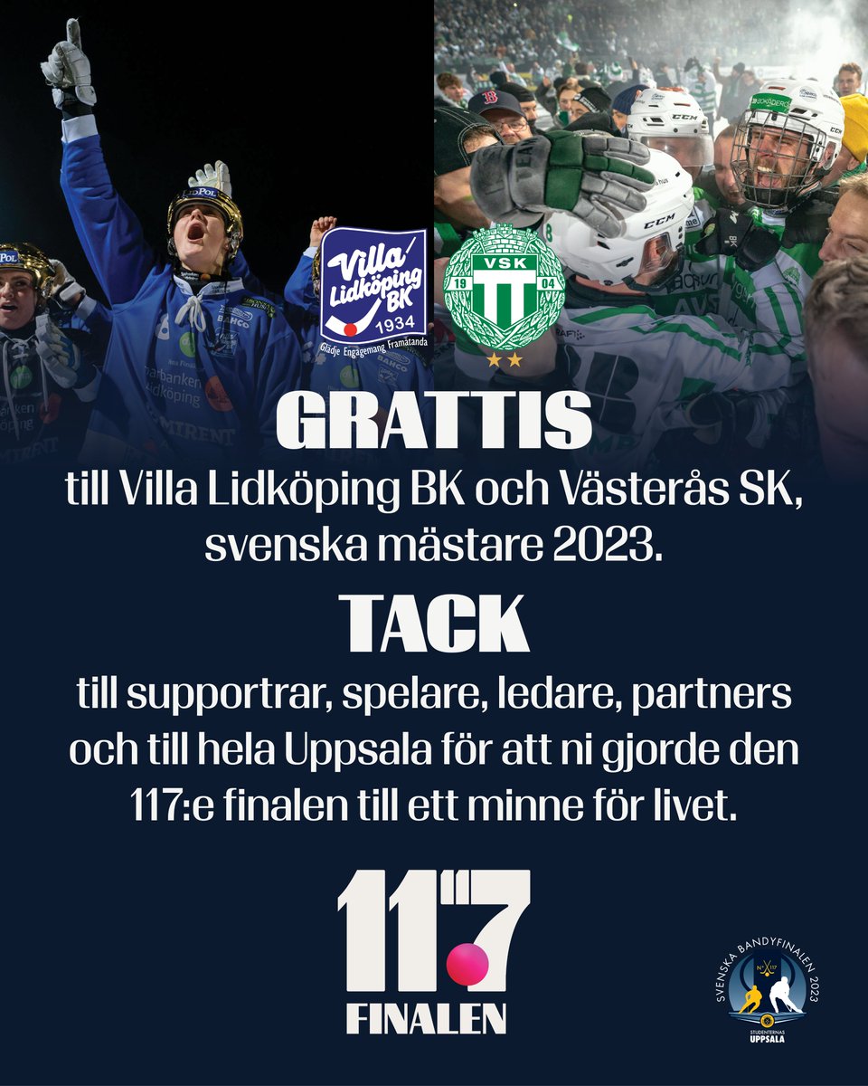 SvenskElitbandy's tweet photo. Vi lyfter på hatten och tackar er alla för en magisk helg 🙏🏆
#svbandy #117finalen #finalen https://t.co/ETUC5s9Hse
