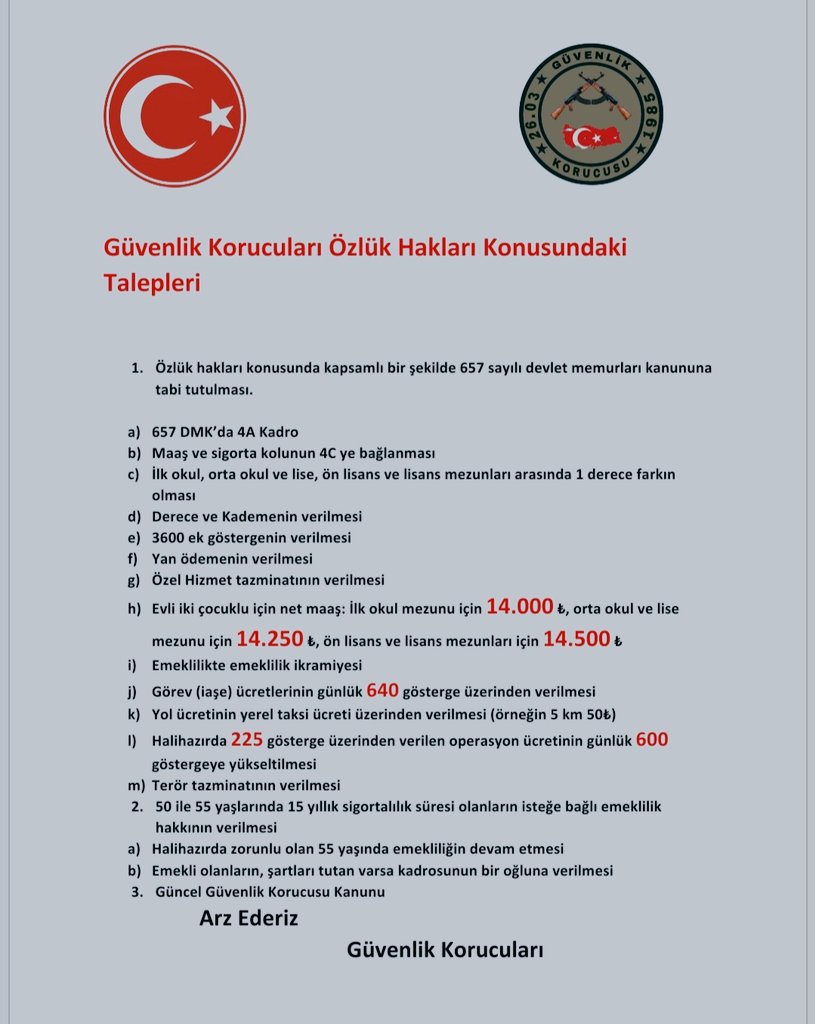TurkiyeGK's tweet photo. Vatan savunmasının
Terörle mücadelenin
Kelle koltukta yaşamanın
Doğu ve Güneydoğu'nun huzurunu sağlamanın 
ASGARİSİ Olmaz.

2023 Seçim Öncesi 🗳️ #Güvenlikkorucuları Özlük Haklarını  Talep Ediyor. 🇹🇷
@_cevdetyilmaz  @Rizgin__Birlik @celebimehmeta
@arzuerdemDB @OlcayKilavuz https://t.co/ORYnDaz3Bv
