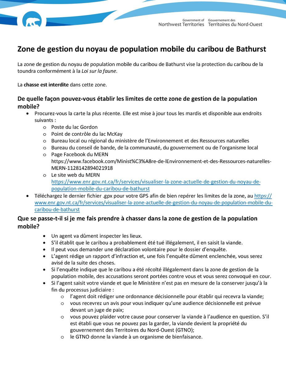 Règlement sur la zone de gestion du noyau de population mobile du caribou de Bathurst – MIS À JOUR du 21 mars 2023. La prochaine mise à jour de la saison sera faite mardi le 218 mars 2023. Visitez le : enr.gov.nt.ca/fr/services/vi…