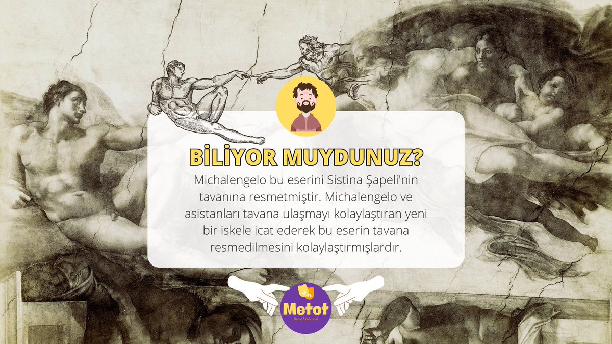 Biliyor Muydunuz?
...
..
.

Michalengelo'nun Adem'in Yaratılışı eseri Sistina Şapeli'nin tavanına resmedilmiştir.

#sanat #müzikal #tiyatro #konservatuvar #piyano