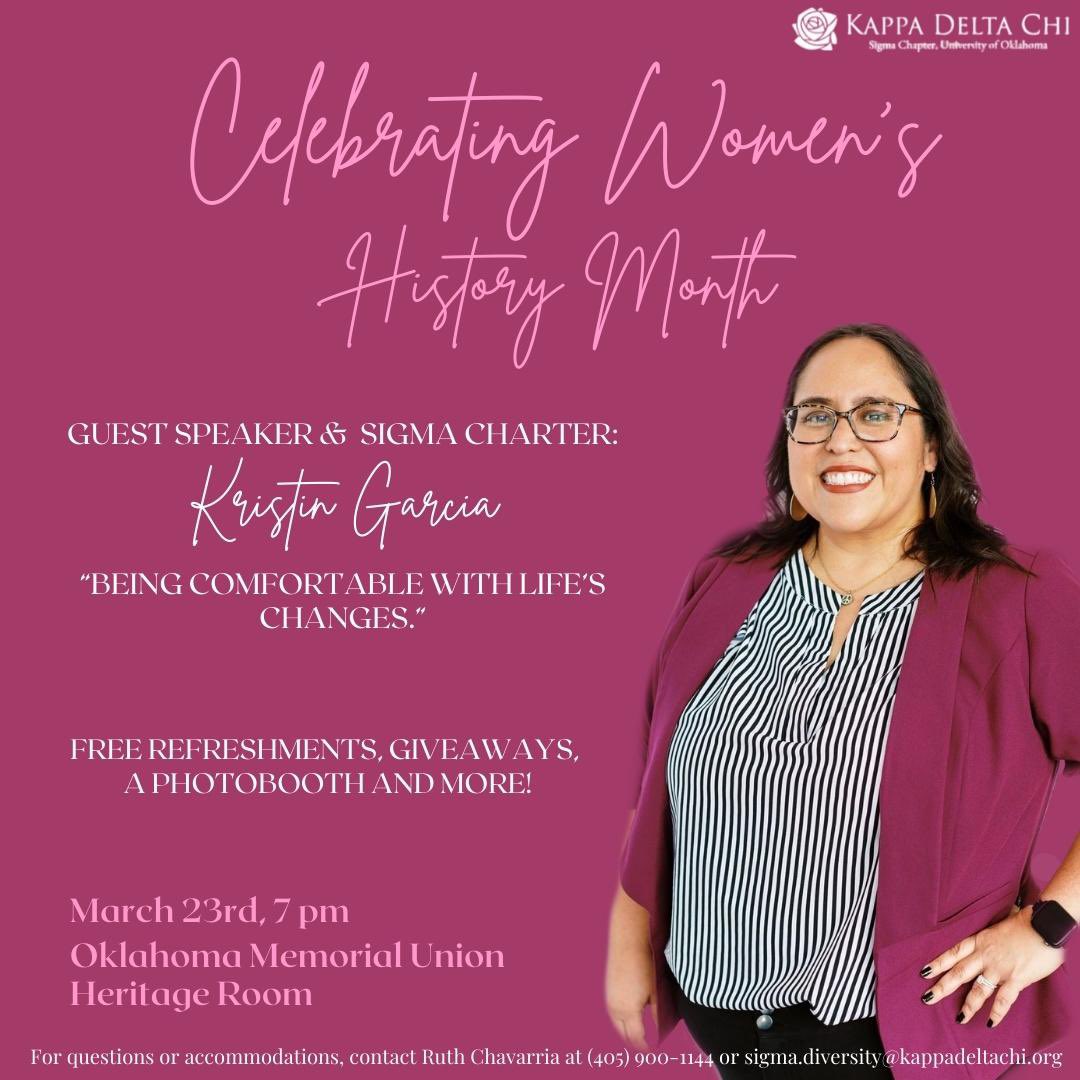 oukdchi's tweet image. Come celebrate Women’s History Month with us this Thursday, March 23 at 7 pm in the OMU Heritage Room! 

Our charter Kristin Garcia will be our guest speaker. There will be refreshments, giveaways, and a photo booth! You won’t want to miss it! 

#KDChi #ThisisSigma