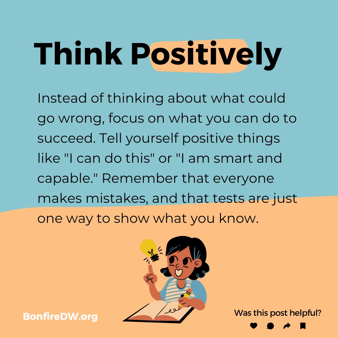 bonfire_dw's tweet image. Test-taking can be nerve-wracking, but there are ways to manage that anxiety and show off what you know! 

Some tips to help you feel your best on test day: stay healthy, manage your time, and think positively. 

Remember, you got this! 

💪 #testtakingtips #testanxiety