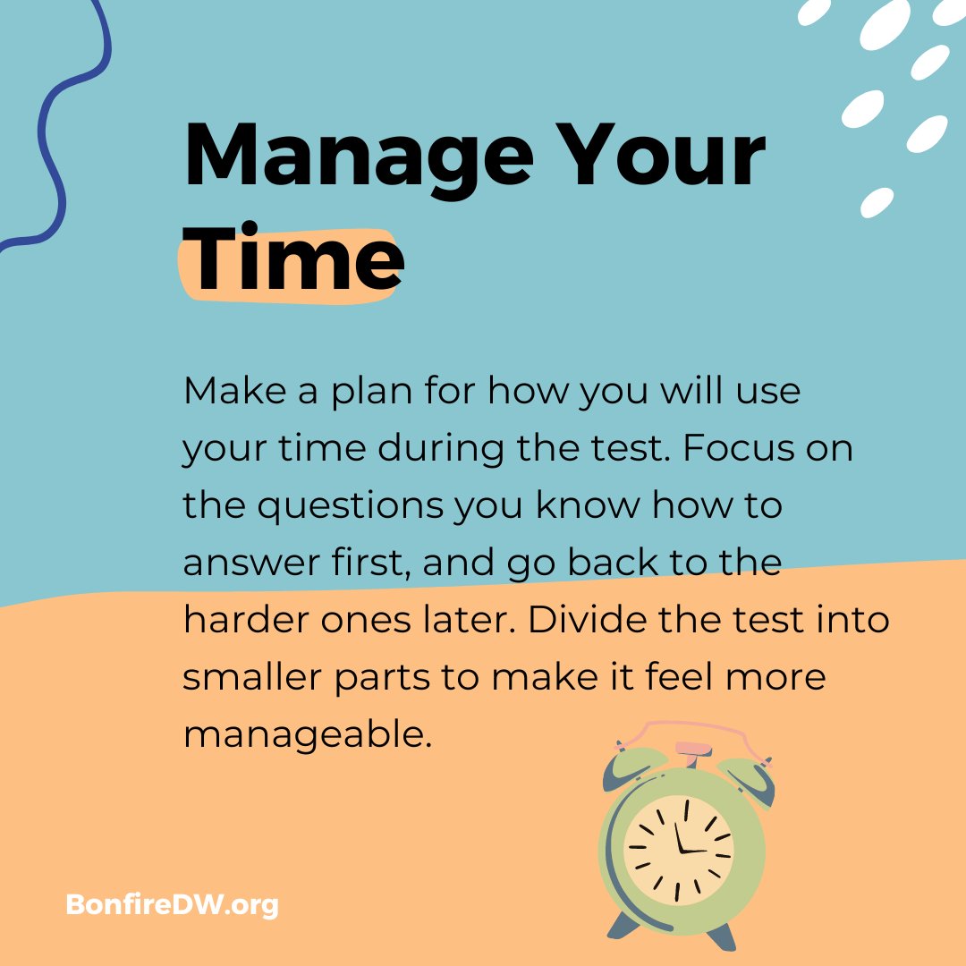 bonfire_dw's tweet image. Test-taking can be nerve-wracking, but there are ways to manage that anxiety and show off what you know! 

Some tips to help you feel your best on test day: stay healthy, manage your time, and think positively. 

Remember, you got this! 

💪 #testtakingtips #testanxiety