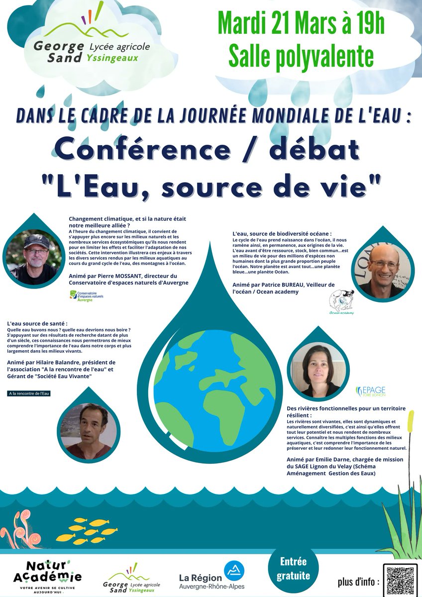CENAuvergne's tweet photo. 21 mars 2023 - Journée mondiale de l'eau &amp; de l'arbre : le EPLEFPA du Velay à Yssingeaux propose ateliers &amp; conférences pour sensibiliser les jeunes à la préservat° de l'eau &amp; de l'arbre. @CENAuvergne est présent : ateliers zones humides &amp; conf. solutions fondées sur la nature. https://t.co/G7JgF4mHVL